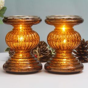 Mercury Glass Pillar Candle Pedestal Holders with Lights Set of 2,Candle Holder for Pillar Candle,Candlestick Holders,Perfect Decoration for Wedding Home Dining Table Xmas(Chocolate)