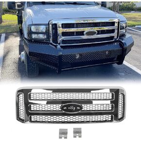 HECASA Front Grille Compatible with 1999-2004 Ford Super Duty F-250 F-350 Excursion (New Front Chrome Grille) 2006 Style W/Detachable Mesh Insert