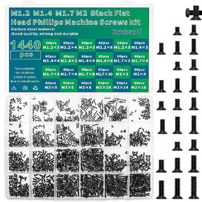 1440 Pcs Black Laptop Notebook Computer Screws M1.2 M1.4 M1.7 M2 Flat Head Phillips Machine Screws Countersunk ssd Screws Accessories Mini Machine Computer Screws Assortments Kits