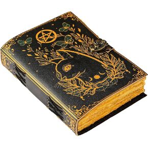Blank Spell Book of Shadows Journal Little Witch Cat Printed Witchcraft Supplies Wiccan Notebook Handmade Vintage Deckle Paper Grimoire Journal Leather Sketchbook, Drawing Journal (13 X 10)