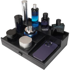 Cologne Organizer for Men | 3 Tier Wooden Perfume Organizer With a Drawer and Hidden Compartments, Perfume Stand and Display Shelf, Bathroom Countertop Organizer, Perfume Holder, Black