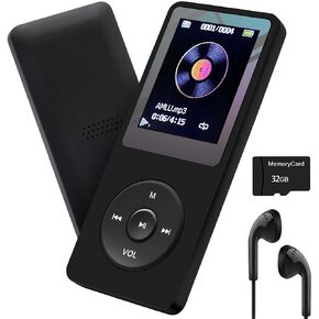 MP3 Player 32GB with Speaker Earphone Portable HiFi Lossless Sound MP3 Mini Music Player Voice Recorder E-Book HD Screen 1.8 inch Black Support up to 128GB