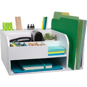 Black Bamboo Desk Organizer with attached Upright File Holders. Fully Assembled and Holds all your Accessories, Supplies and Storage needs for Office, Home and Classroom Organization