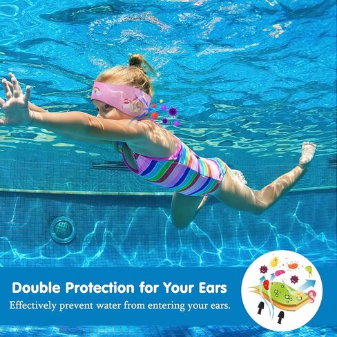 HeySplash Swimming Headband Kids, Ear Bands with Swimming Ear Plugs, Soft Swim Earplugs Reusable, Waterproof Swimmer Headband for Kids, 2 Pair Swimming Ear Plugs, Ear Protection, M, Pink Unicorn in Kuwait