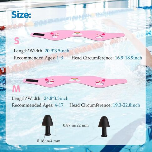 HeySplash Swimming Headband Kids, Ear Bands with Swimming Ear Plugs, Soft Swim Earplugs Reusable, Waterproof Swimmer Headband for Kids, 2 Pair Swimming Ear Plugs, Ear Protection, M, Pink Unicorn in Kuwait