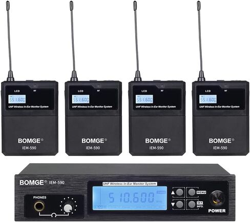 نظام مراقبة مرحلة الأذن اللاسلكي BOMGE IEM-590 UHF احترافي بقناتين، تشغيل بطول 160 قدمًا، مثالي للمرحلة والاستوديو والمعارض والمحاضرات والخطاب (4 أجهزة محمولة مع جهاز إرسال) in Saudi Arabia