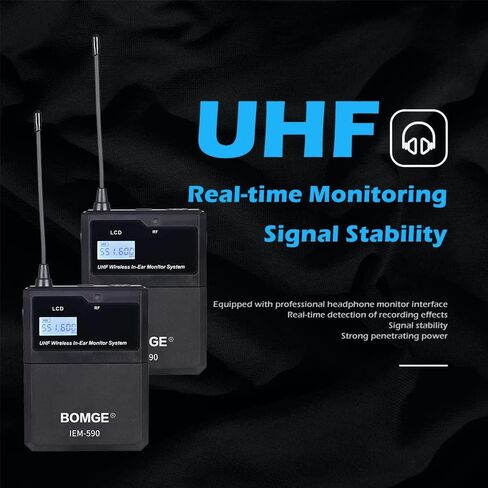 نظام مراقبة مرحلة الأذن اللاسلكي BOMGE IEM-590 UHF احترافي بقناتين، تشغيل بطول 160 قدمًا، مثالي للمرحلة والاستوديو والمعارض والمحاضرات والخطاب (4 أجهزة محمولة مع جهاز إرسال) in Kuwait