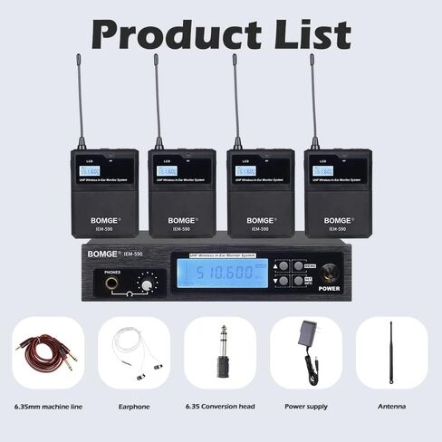 نظام مراقبة مرحلة الأذن اللاسلكي BOMGE IEM-590 UHF احترافي بقناتين، تشغيل بطول 160 قدمًا، مثالي للمرحلة والاستوديو والمعارض والمحاضرات والخطاب (4 أجهزة محمولة مع جهاز إرسال) in Saudi Arabia