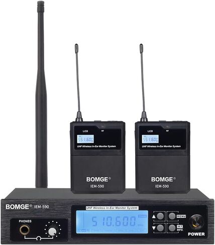 نظام مراقبة مرحلة الأذن اللاسلكي BOMGE IEM-590 UHF احترافي بقناتين، تشغيل بطول 160 قدمًا، مثالي للمرحلة والاستوديو والمعارض والمحاضرات والخطاب (4 أجهزة محمولة مع جهاز إرسال) in Kuwait