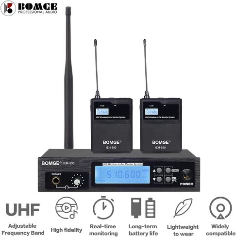نظام مراقبة مرحلة الأذن اللاسلكي BOMGE IEM-590 UHF احترافي بقناتين، تشغيل بطول 160 قدمًا، مثالي للمرحلة والاستوديو والمعارض والمحاضرات والخطاب (4 أجهزة محمولة مع جهاز إرسال) in Kuwait