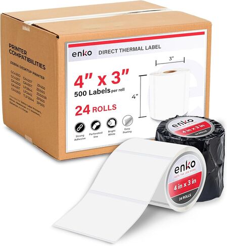 ملصقات enKo مقاس 4 بوصات × 3 بوصات لطابعات سطح المكتب Zebra (12 لفة، 6000 ملصق) - عنوان حراري مباشر عبر البريد للشحن ملصقات باركود FBA ملصقات FNSKU للحمار الوحشي والترون (مثقوبة) in Kuwait