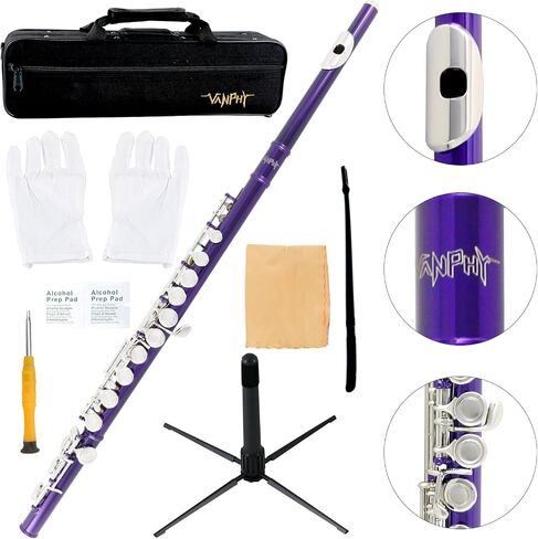 Flutes Closed Hole C for Beginners Kids Student 16 Keys Nickel-plated Flutes - Musical Instrument with Case Stand Cleaning Cloth Gloves Tuning Rod (Silver) in Saudi Arabia