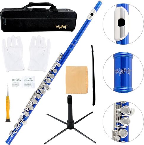 Flutes Closed Hole C for Beginners Kids Student 16 Keys Nickel-plated Flutes - Musical Instrument with Case Stand Cleaning Cloth Gloves Tuning Rod (Silver) in Saudi Arabia