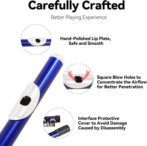 Flutes Closed Hole C for Beginners Kids Student 16 Keys Nickel-plated Flutes - Musical Instrument with Case Stand Cleaning Cloth Gloves Tuning Rod (Silver) in Saudi Arabia