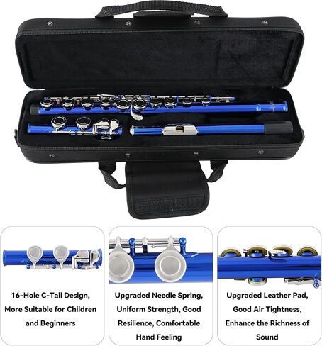 Flutes Closed Hole C for Beginners Kids Student 16 Keys Nickel-plated Flutes - Musical Instrument with Case Stand Cleaning Cloth Gloves Tuning Rod (Silver) in Saudi Arabia