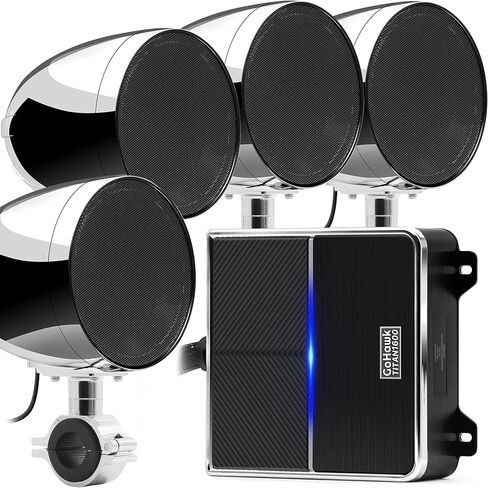 GoHawk TR4-Titan 1600W دراجة نارية بلوتوث 4 مكبرات صوت ستيريو 4.1 قناة نظام مضخم مقاوم للماء 4.25 بوصة كامل المدى حامل المقود مشغل موسيقى MP3 لـ Harley ATV UTV FM راديو USB كروم in Kuwait