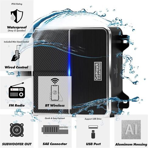 GoHawk TR4-Titan 1600W دراجة نارية بلوتوث 4 مكبرات صوت ستيريو 4.1 قناة نظام مضخم مقاوم للماء 4.25 بوصة كامل المدى حامل المقود مشغل موسيقى MP3 لـ Harley ATV UTV FM راديو USB كروم in Kuwait