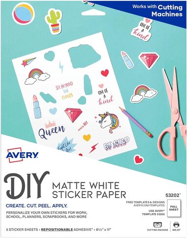 Avery Printable Sticker Paper, 8.5" x 11", Matte White, Repositionable Adhesive, Laser/Inkjet Compatible, 5 Full-Size Label Sheets, Great for Product Branding, Cute Stickers, Crafts, and More (53202) in Saudi Arabia