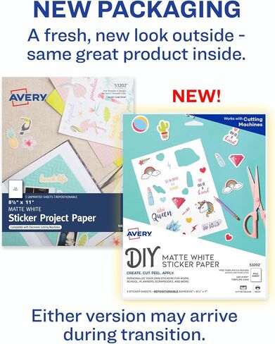 Avery Printable Sticker Paper, 8.5" x 11", Matte White, Repositionable Adhesive, Laser/Inkjet Compatible, 5 Full-Size Label Sheets, Great for Product Branding, Cute Stickers, Crafts, and More (53202) in Saudi Arabia