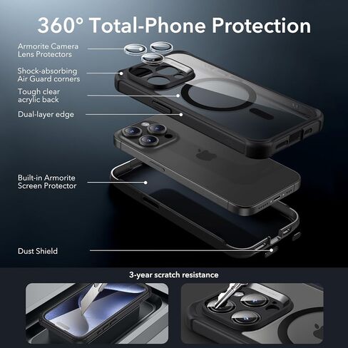 ESR for iPhone 15 Pro Max Case Set, 1 Set Individual Lens Protectors, Compatible with MagSafe Phone Case, Full-Coverage Military-Grade Protection, Scratch Resistant, Armor Series,Clear Black in Kuwait