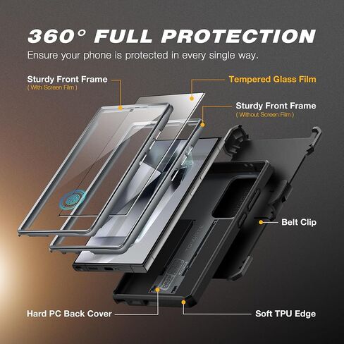 حافظة TONGATE لهاتف Samsung Galaxy S24 Ultra، [واقي شاشة مدمج وغطاء كاميرا منزلق] [إطاران أماميان] حافظة هاتف S24 Ultra مقاومة للصدمات من الدرجة العسكرية مع مسند ومشبك حزام 6.8 بوصة، أسود in Kuwait