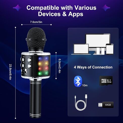 Karaoke Machine for Kids: Wireless Bluetooth Karaoke Microphone for Adults, Portable Handheld Karaoke Machine for Birthday Party - Kids Microphone for Singing(Black-3) in Saudi Arabia