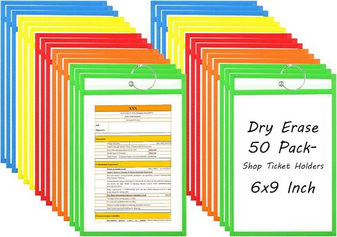 50 حزمة من حاملي تذاكر التسوق مقاس 6x9 بوصة، 5 ألوان متنوعة، أكمام جيب قابلة للمسح الجاف، أكمام قابلة لإعادة الاستخدام للورق مع 5 حلقات لتذاكر المتجر الصناعي والمكتب (50) in Saudi Arabia