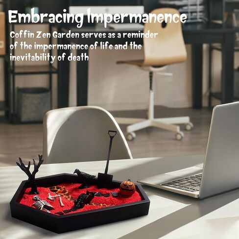 Coffin Zen Garden للمكتب مقاس 7 بوصة × 9 بوصة مجموعة أدوات حديقة Zen الصغيرة ملحقات للمكتب، صينية ديكور عصبي، هدايا مخيفة، هدايا قوطية للرجال والنساء in Kuwait