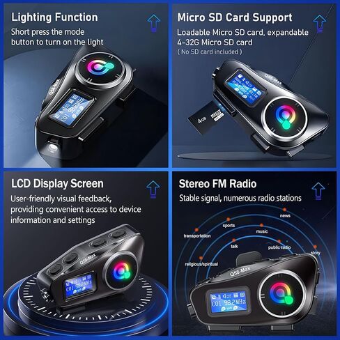 سماعة بلوتوث للدراجات النارية مع شاشة LCD وراديو FM وإضاءة الطوارئ، خوذة دراجة نارية بلوتوث مع خاصية إلغاء الضوضاء CVC 6EQ HiFi ستيريو، تدعم بطاقة SD، BT 5.3، 1000 مللي أمبير، IP65، حزمة واحدة in Kuwait