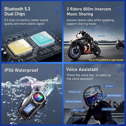 سماعة بلوتوث للدراجات النارية مع شاشة LCD وراديو FM وإضاءة الطوارئ، خوذة دراجة نارية بلوتوث مع خاصية إلغاء الضوضاء CVC 6EQ HiFi ستيريو، تدعم بطاقة SD، BT 5.3، 1000 مللي أمبير، IP65، حزمة واحدة in Kuwait