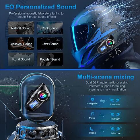 سماعة بلوتوث للدراجات النارية مع شاشة LCD وراديو FM وإضاءة الطوارئ، خوذة دراجة نارية بلوتوث مع خاصية إلغاء الضوضاء CVC 6EQ HiFi ستيريو، تدعم بطاقة SD، BT 5.3، 1000 مللي أمبير، IP65، حزمة واحدة in Kuwait