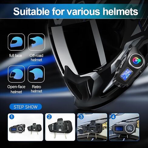 سماعة بلوتوث للدراجات النارية مع شاشة LCD وراديو FM وإضاءة الطوارئ، خوذة دراجة نارية بلوتوث مع خاصية إلغاء الضوضاء CVC 6EQ HiFi ستيريو، تدعم بطاقة SD، BT 5.3، 1000 مللي أمبير، IP65، حزمة واحدة in Kuwait