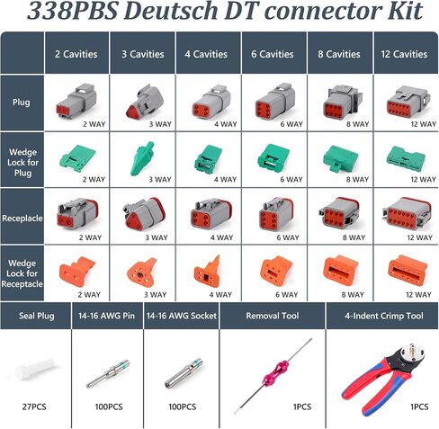 مجموعة موصلات Newdeli DT Deutsch 338 قطعة، 2 3 4 6 8 12 دبوس موصل كهربائي مقاوم للماء IP67 مع أداة إزالة اختيار اتصالات صلبة وأداة تجعيد ألمانية (14-20AWG) مجموعة ملحقات إصلاح السيارات in Saudi Arabia