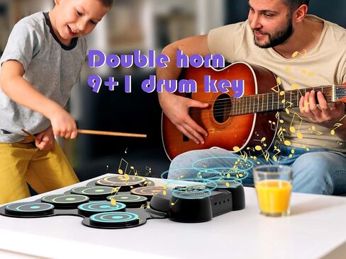 10 Pads Electronic Drum Sets, Drum Practice Pad with Headphone Jack, Built-in 2 Speaker Foot Pedals and Drumsticks, Kids Drum Set Compatible with MIDI Output, Christmas gifts for kids in Saudi Arabia