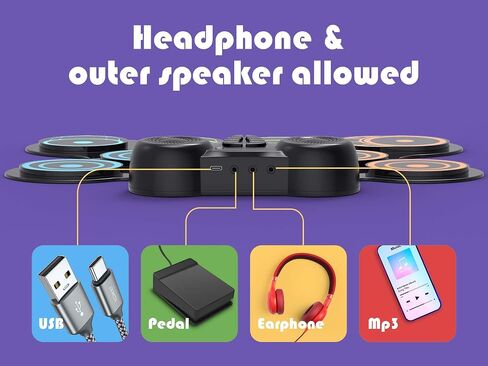 10 Pads Electronic Drum Sets, Drum Practice Pad with Headphone Jack, Built-in 2 Speaker Foot Pedals and Drumsticks, Kids Drum Set Compatible with MIDI Output, Christmas gifts for kids in Saudi Arabia