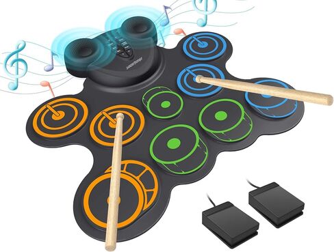 10 Pads Electronic Drum Sets, Drum Practice Pad with Headphone Jack, Built-in 2 Speaker Foot Pedals and Drumsticks, Kids Drum Set Compatible with MIDI Output, Christmas gifts for kids in Saudi Arabia