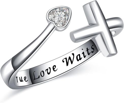 Sterling Silver True Love Waits Heart Cross Ring Blue Purple CZ Adjustable Ring Jewelry Gift for Women Girls in Saudi Arabia