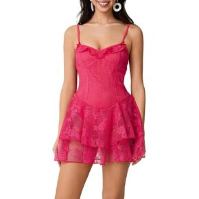 Women Y2K Spaghetti Strap Lace Bustier Mini Dress Sexy Sleeveless Ruched Split Bodycon Party Night Out Dress (#18-Red, L)