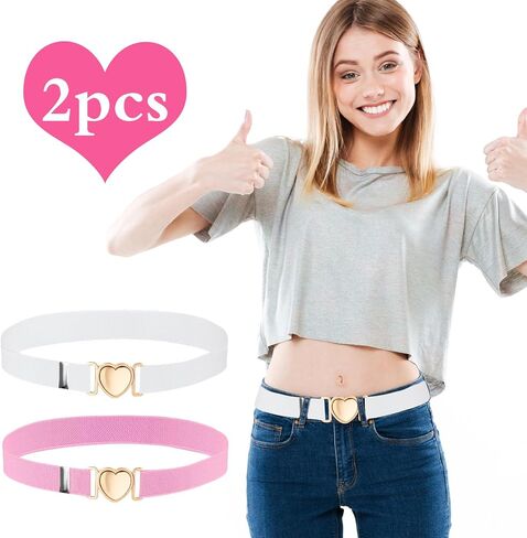 2 PCS Girls Belt, Womens Elastic Belt, Little Girl Belts, Metal Adjustable Belts Love Heart Kids Stretch Belt Elastic Heart Shape Girl Belt for Valentine's Day, Party, Birthday (Red,Pink) in Saudi Arabia