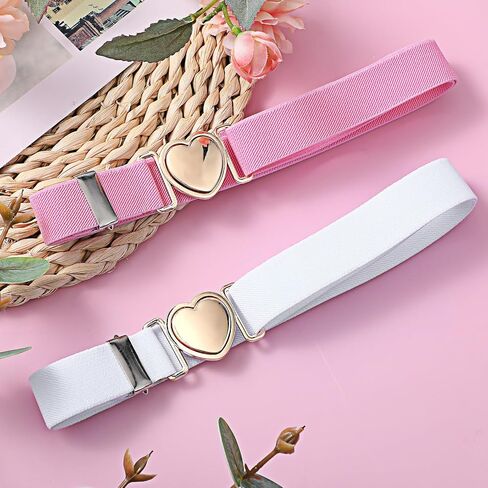 2 PCS Girls Belt, Womens Elastic Belt, Little Girl Belts, Metal Adjustable Belts Love Heart Kids Stretch Belt Elastic Heart Shape Girl Belt for Valentine's Day, Party, Birthday (Red,Pink) in Saudi Arabia