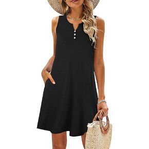 SimpleFun Summer Dresses for Women 2024 Beach Vacation Button up V Neck Sleeveless Sundresses Casual Boho Dress with Pockets