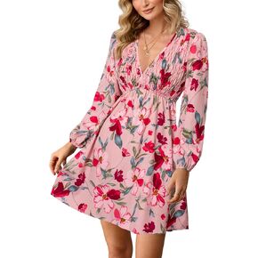 BerryGo Women's Casual Long Sleeve Babydoll Flowy Dress V Neck Swing Party Mini Dress with Pocket for Summer Beach 2024