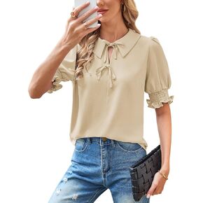 Angashion Women Tops Short Sleeve - Summer Casual V Neck Solid Color Flowy Trendy Tunic Blouses Shirt
