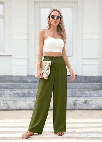 Wide Leg Pants for Women Loose Fit Casual Lounge Smocked Elastic Waisted Flowy Palazzo Pants for Women with Pockets in Saudi Arabia