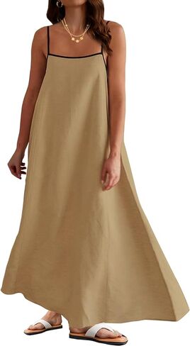 فستان نسائي طويل من الكتان بحافة متباينة وأشرطة سباغيتي ملابس صيفية للسفر والإجازات فساتين طويلة بدون أكمام in Kuwait