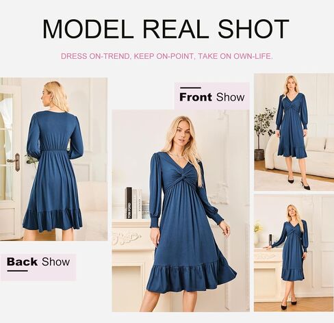Dokotoo Womens 2024 Wrap V-Neck Twist Knot Long Sleeve Empire Waist Midi Dress A-Line Ruched Flowy Dress with Pockets in Saudi Arabia