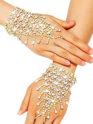 Fingerless Sparkle Gloves Rhinestone Silver Gloves Cosplay Adjustable Tassel Hand Chains Jewelry Party Accessories for Women and Girls in Saudi Arabia