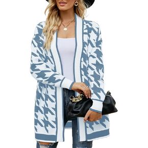 Womens V Neck Houndstooth Cardigan Open Front Long Sleeve Casual Loose Knit Sweaters Dress