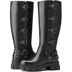 Womens Knee High Boots Riding Boots Chunky Platform Motorcycle Boots Buckle Biker Boots with Side Zipper for Women