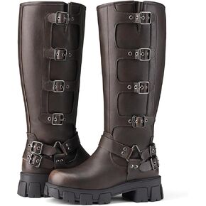 Womens Knee High Boots Riding Boots Chunky Platform Motorcycle Boots Buckle Biker Boots with Side Zipper for Women